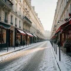 Fototapeta premium Snowy parisian street lined with classic buildings and festive holiday decorations. Cobblestone road covered in white snow leads towards distant architecture. Shops display Christmas trees and lights.