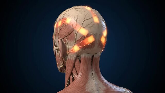 Tension Headache Visualization Showing Pericranial Muscle Tightening and Nociceptive Pain Signaling