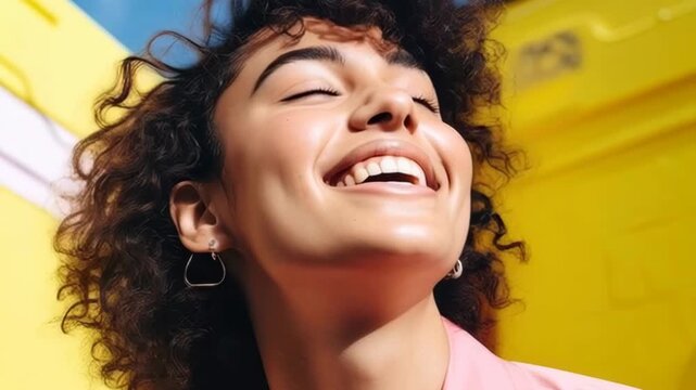 Portrait of a Woman with Curly Hair Laughing Joyfully