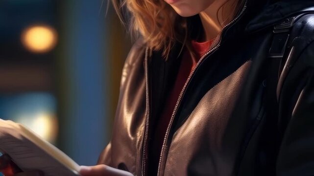 Woman in Leather Jacket Reading a Book in Warm Lighting