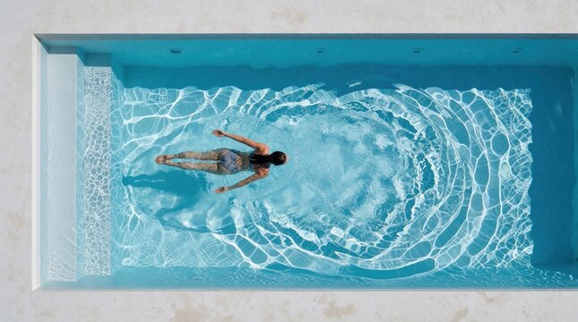 Woman swims freestyle in clean rectangular pool. Top view of blue water, light reflection, and minimalist concrete design. Healthy exercise, wellness, and summer leisure activity.