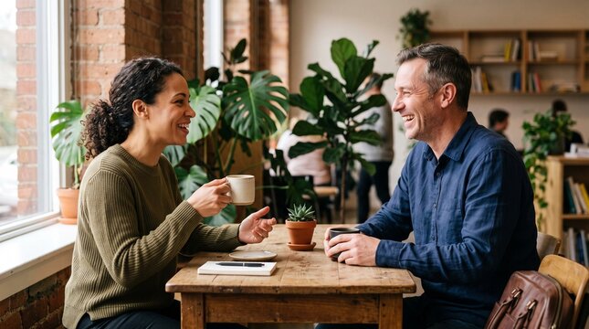 Diverse couple enjoying coffee and conversation in a bright, modern cafe with lush plants and bookshelves