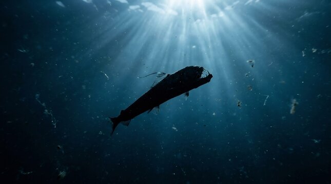 Silhouette of a deep sea viperfish swimming upwards toward bright