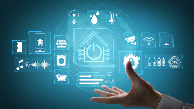 Innovative Smart Home Technology with Digital Controls and Visual Interfaces Represented on a Blue Background Quark.