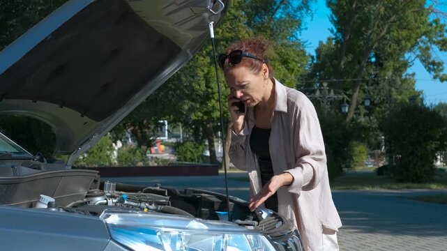 Woman calling for help with broken down car. Woman experiencing car breakdown, communicating frustration while seeking roadside assistance, standing with open vehicle hood under bright sunlight