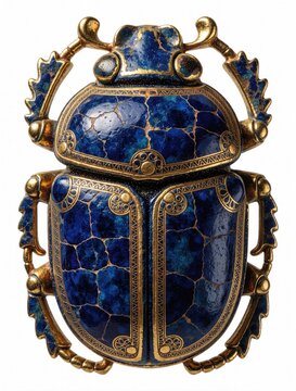 Ornate golden scarab amulet adorned with cracked deep blue enamel sits isolated on white. This ancient Egyptian symbolizes rebirth, protection, and sun god Ra, evoking mystery and history.
