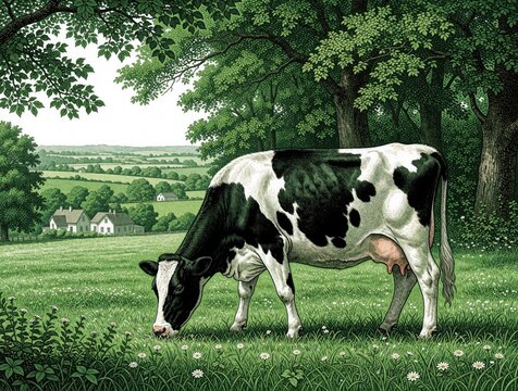 Holstein cow grazes in green pasture field under shady trees. Rural farm landscape with meadows, houses in distance. Detailed vintage style engraving shows dairy cattle eating grass in summer