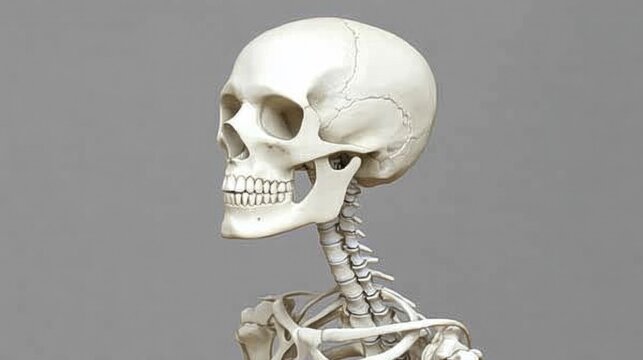 Detailed medical 3D rendering of a human skull and upper spine skeletal anatomy showing structural bone formation against a neutral gray background for education