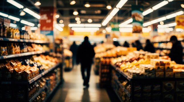 People walk down grocery store aisles, shelves packed with products. Bustling retail interior, soft focus creates busy market vibe. Shopping, buying food, consumer activity.