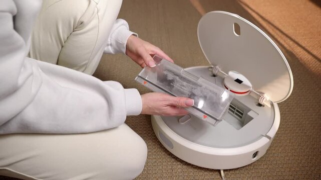 Woman cleaning the dustbin of a robot vacuum cleaner. Woman's hands removing a transparent dustbin full of dirt, hair, and debris from a modern robotic vacuum cleaner, the necessity of maintenance