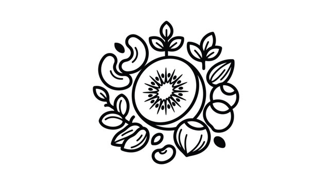 Stylized graphic illustration featuring a sliced kiwi fruit surrounded by assorted healthy nuts and leaves in minimalist black line art