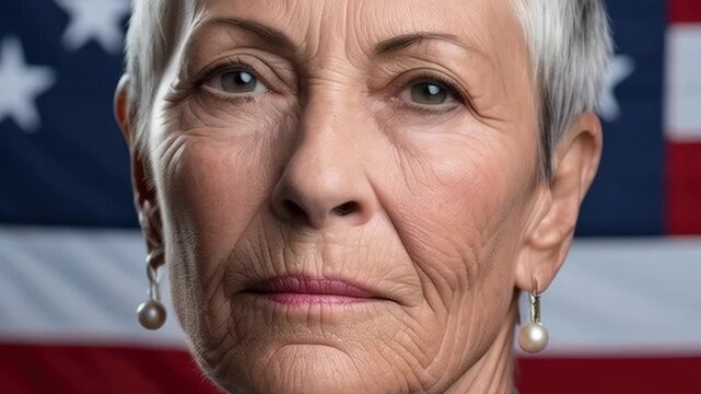 Portrait of a Serious Elderly Woman in Front of an American Flag