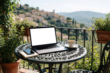 Fototapeta premium Laptop, coffee cup, and phone rest on a table on a balcony with a scenic view. This setup suggests remote work or a peaceful morning with technology.