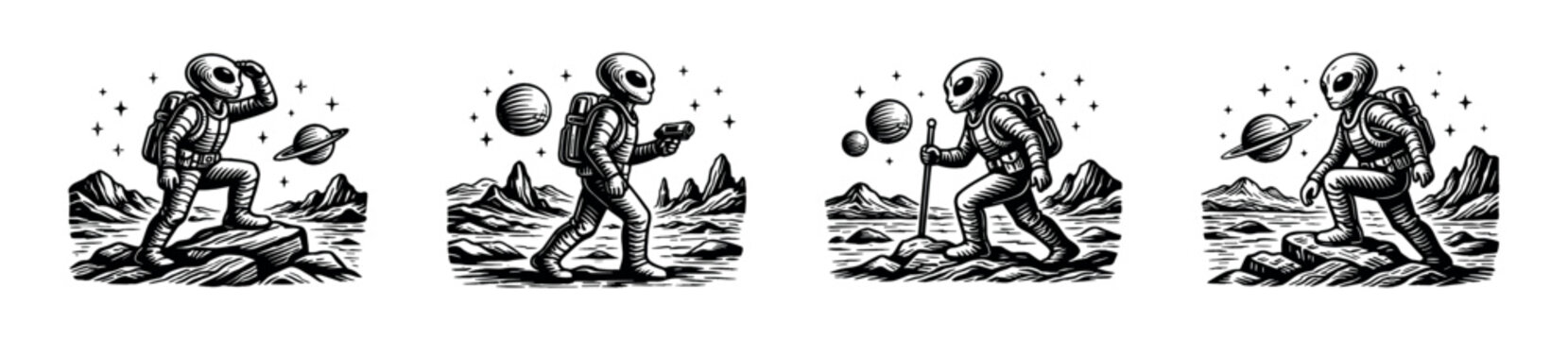 Retro astronaut illustrations in black and white, space exploration vector clipart