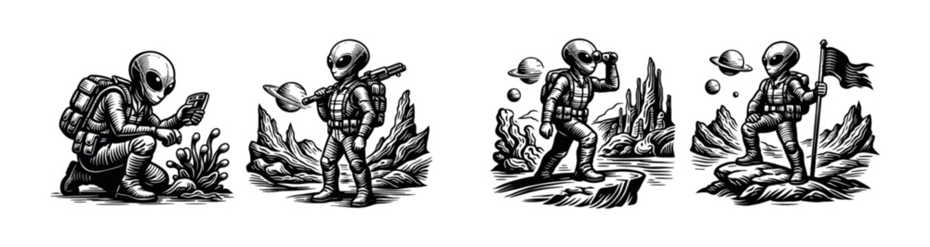 Black and white vector illustrations of astronauts exploring alien landscapes