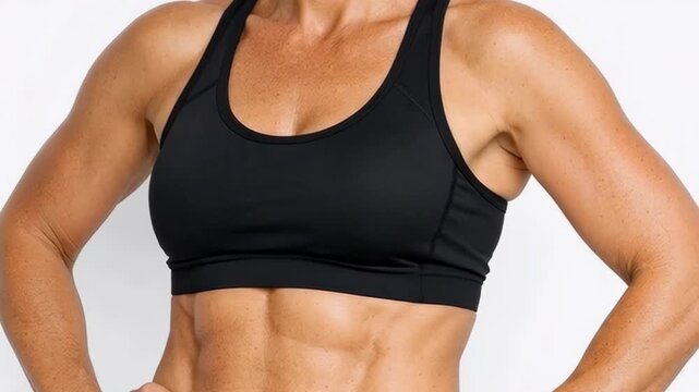 Muscular Woman's Torso and Defined Abs in Black Sports Bra