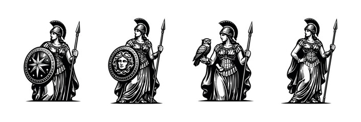 Fototapeta premium Black and white vector illustrations of athena with spear shield and owl silhouette mythological figures