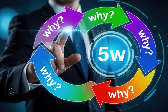 Businessman uses 5 Whys method for root cause analysis. He touches screen with colorful arrows asking why repeatedly. This iterative questioning finds core issue.