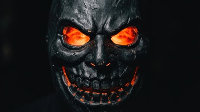 A close up of a terrifying black textured mask with glowing ember orange eyes and mouth. This dark, cinematic image is perfect for Halloween themes, horror movies, supernatural concepts, and mystery.