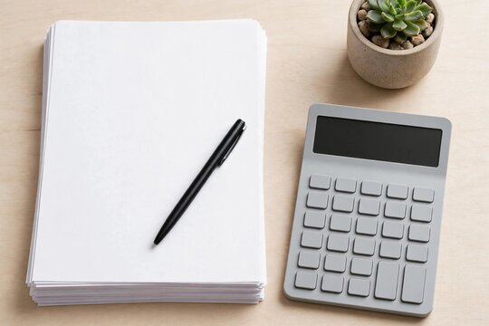 Top view of tidy business desk with calculator, blank papers and plant
