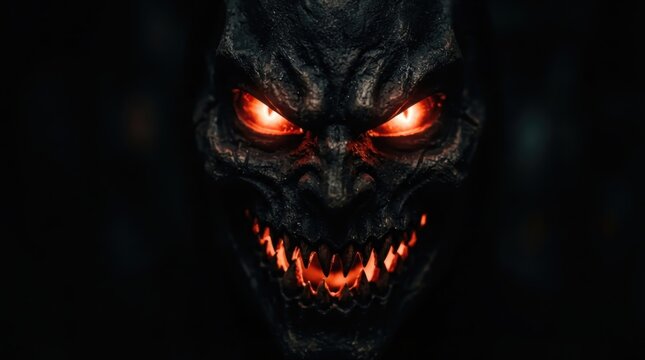 A terrifying close-up portrait of a dark, demonic creature with glowing red eyes and sharp teeth, set against a pitch-black background. Perfect for horror, fantasy, and supernatural-themed projects.