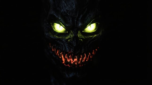 A chilling, cinematic close-up of a monstrous creature emerging from darkness. Featuring glowing green eyes and a jagged red mouth, this high-contrast image is perfect for horror, fantasy,