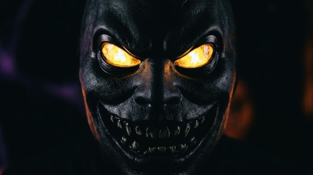 A high-contrast, cinematic portrait of a terrifying dark mask with sharp teeth and glowing, intense orange eyes. Perfect for horror, Halloween, fantasy themes, and dark concept projects.