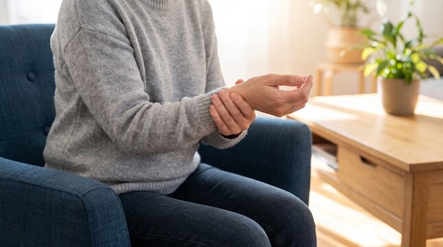 Woman sitting on an armchair massaging her painful wrist suffering from carpal tunnel syndrome or arthritis