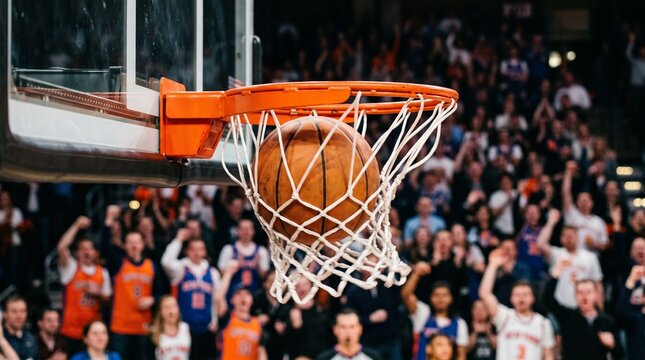 A basketball swishing through the net during a professional game in a crowded sports arena