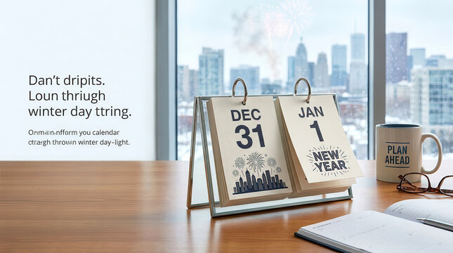 Desktop calendar showing December 31 and January 1 with New Year celebration theme