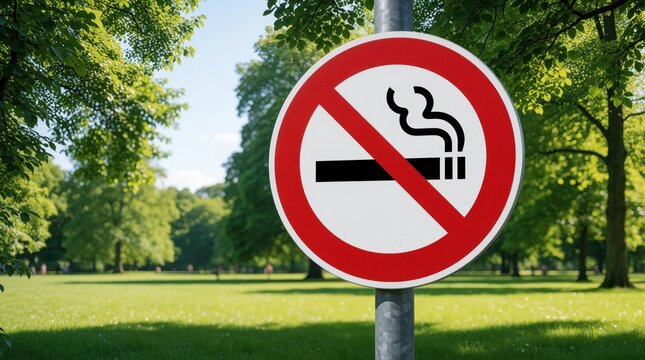 No smoking sign on metal pole in green public park. Circular red prohibition symbol shows cigarette with smoke. Trees, grass background in summer day. Healthy lifestyle concept for eco friendly