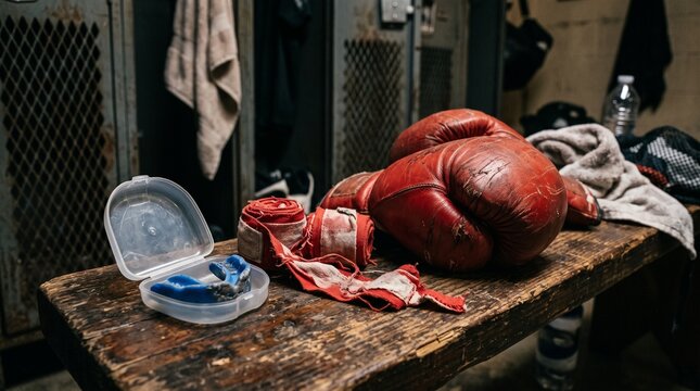 Worn red boxing gloves and blue mouthguard resting on a wooden bench in a gym locker room area