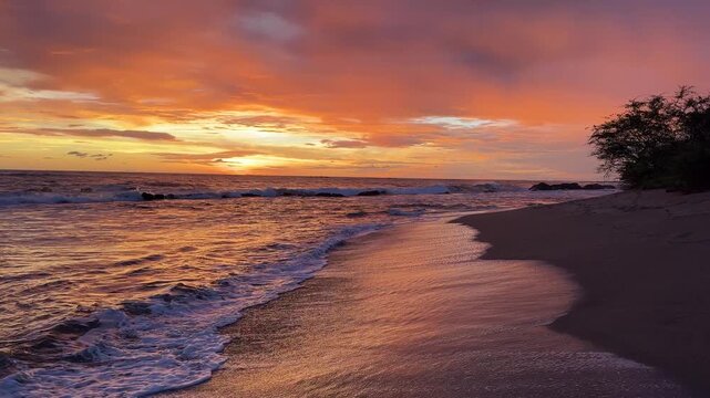 Waves crash on the shore as the sun sets over the ocean, creating a beautiful view along the beach coast.