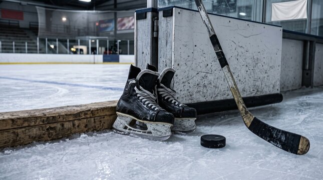 Pair of worn ice skates resting against the boards of a cold indoor hockey rink arena surface