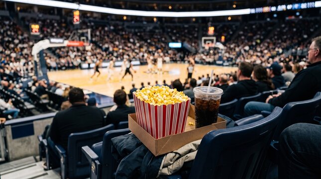 A bucket of popcorn and a cold drink sitting on a stadium seat during a live basketball game