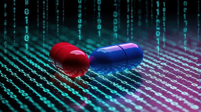 Red and blue pills rest on a glowing digital matrix of binary code. Represents choice, digital world, and alternate realities. A decision point.
