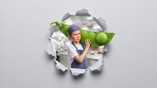 Young boy dressed as a chef carrying a giant pea pod through a hole in paper, kitchen background, surreal concept. Food industry, creative advertising, culinary imagination.