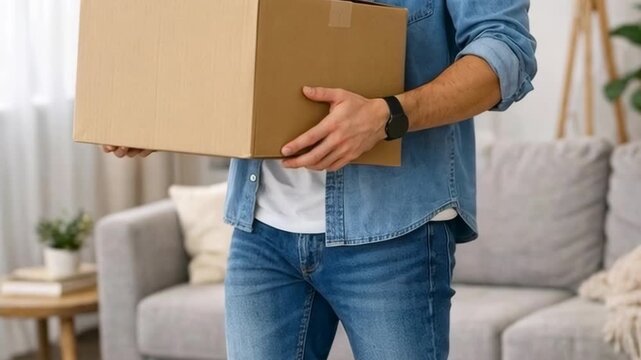 Man Carrying a Large Cardboard Box for Home Delivery
