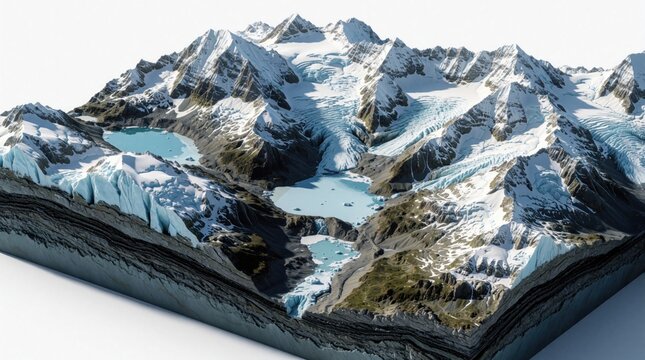 3D GIS terrain model shows snowy mountain range with glaciers, blue lakes. Digital topographic map displays elevation data, DEM, DSM layers. Scientific visualization for geographic survey, geological