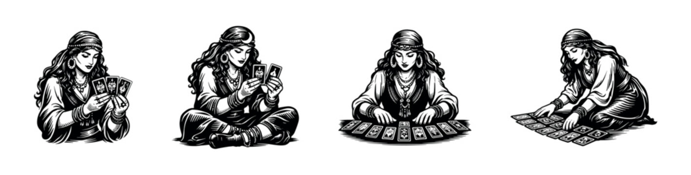 Gypsy fortune teller illustrations, tarot card reading, black and white vector art, silhouette designs