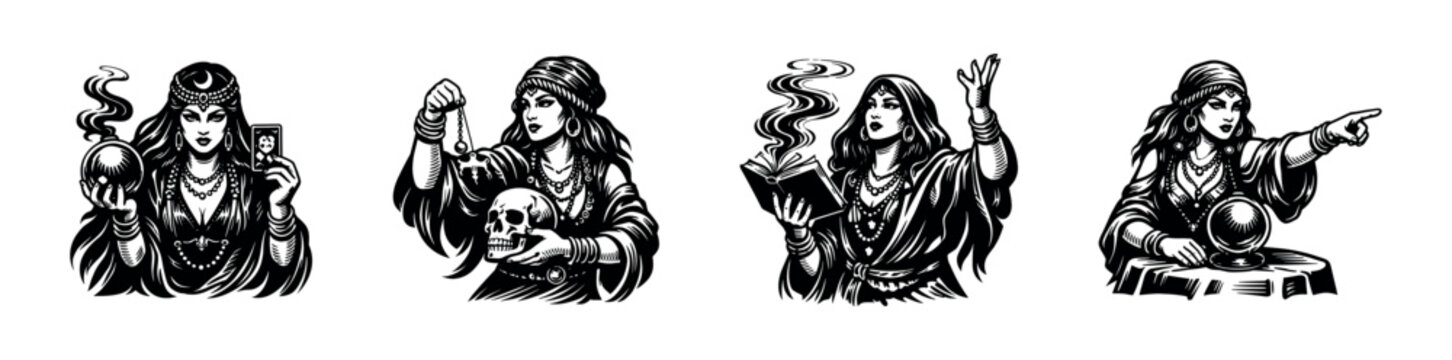 Set of mystic fortune teller illustrations featuring women with crystal ball tarot cards and skull in black and white vector style