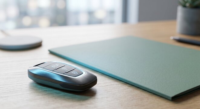 Smart car key fob resting beside a teal leather folio