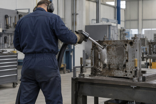 Dry ice blasting of a steel mold by an industrial worker seen from behind