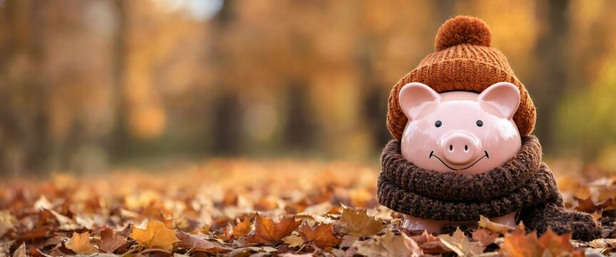 Piggy bank wearing wool hat plus scarf among autumn leaves, winter energy bill savings, seasonal household budget, heating expense preparation