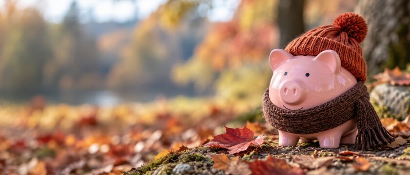 Piggy bank in autumn park for winter energy bills, heating expenses, holiday budgeting cost of living pressures, emergency savings, mindful spending, financial resilience and household cost reduction