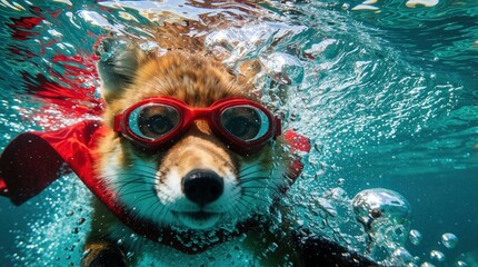 Fototapeta premium Funny fox wearing red swimming goggles, superhero cape swims underwater. Cute wild animal moves through blue water with bubbles. Brave mascot character performs epic aquatic adventure in ocean.