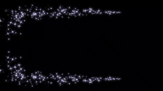 Luxury white glitter line trail animation, glowing fairy dust, magic star particles burst, twinkling shimmer motion effect, doodle stars path, black screen background, seamless 4k video