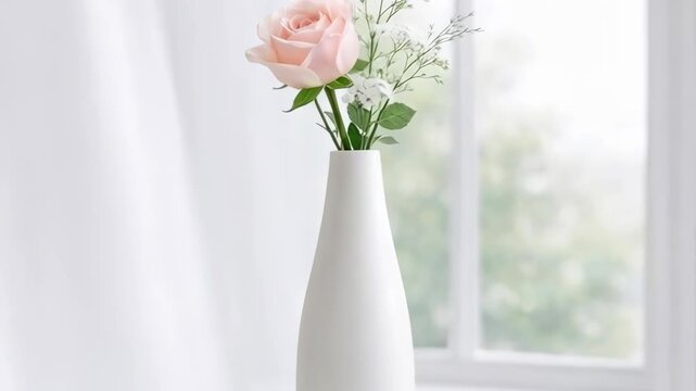 Pale Pink Rose in White Minimalist Vase in Front of a Bright Window