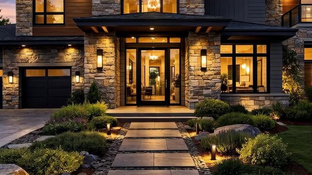 Luxury mansion exterior with stone facade and lit garden pathway at night