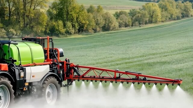 Modern Tractor with Boom Sprayer Applying Fertilizer on a Crop Field